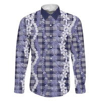 Hawaiian Ohia Lehua Lei Family Matching Off Shoulder Maxi Dress and Hawaiian Shirt Plaid Palaka Uliuli hohonu Pattern LT9 Dad's Shirt - Long Sleeve Navy - Polynesian Pride
