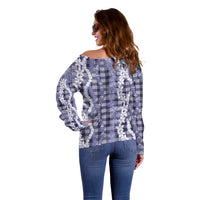 Hawaiian Ohia Lehua Lei Off Shoulder Sweater Plaid Palaka Uliuli hohonu Pattern - Polynesian Pride