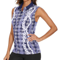 Hawaiian Ohia Lehua Lei Women Sleeveless Polo Shirt Plaid Palaka Uliuli hohonu Pattern LT9 - Polynesian Pride