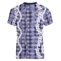 Hawaiian Ohia Lehua Lei Women V-Neck T-Shirt Plaid Palaka Uliuli hohonu Pattern - Polynesian Pride