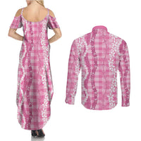 Hawaiian Ohia Lehua Lei Couples Matching Summer Maxi Dress and Long Sleeve Button Shirt Plaid Palaka Akala Pattern - Polynesian Pride