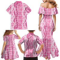 Hawaiian Ohia Lehua Lei Family Matching Mermaid Dress and Hawaiian Shirt Plaid Palaka Akala Pattern LT9 - Polynesian Pride