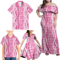 Hawaiian Ohia Lehua Lei Family Matching Off Shoulder Maxi Dress and Hawaiian Shirt Plaid Palaka Akala Pattern - Polynesian Pride