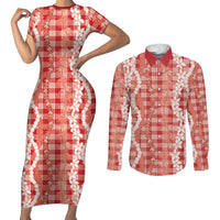 Hawaiian Ohia Lehua Lei Couples Matching Short Sleeve Bodycon Dress and Long Sleeve Button Shirt Plaid Palaka Ulaula Pattern - Polynesian Pride