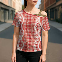Hawaiian Ohia Lehua Lei Cross Shoulder Shirt Plaid Palaka Ulaula Pattern - Polynesian Pride