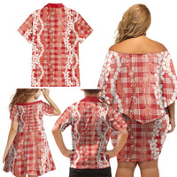 Hawaiian Ohia Lehua Lei Family Matching Off Shoulder Short Dress and Hawaiian Shirt Plaid Palaka Ulaula Pattern LT9 - Polynesian Pride