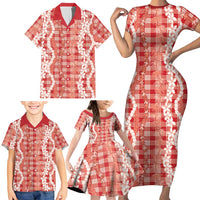 Hawaiian Ohia Lehua Lei Family Matching Short Sleeve Bodycon Dress and Hawaiian Shirt Plaid Palaka Ulaula Pattern LT9 - Polynesian Pride