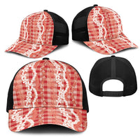 Hawaiian Ohia Lehua Lei Mesh Trucker Cap Plaid Palaka Ulaula Pattern - Polynesian Pride