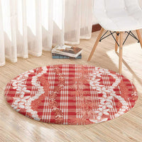 Hawaiian Ohia Lehua Lei Round Carpet Plaid Palaka Ulaula Pattern - Polynesian Pride