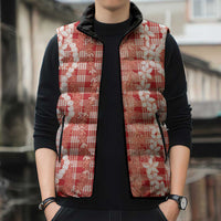 Hawaiian Ohia Lehua Lei Sleeveless Puffer Jacket Plaid Palaka Ulaula Pattern - Polynesian Pride