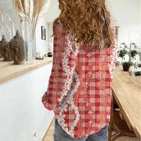 Hawaiian Ohia Lehua Lei Women Casual Shirt Plaid Palaka Ulaula Pattern - Polynesian Pride