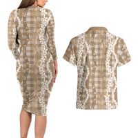 Hawaiian Ohia Lehua Lei Couples Matching Long Sleeve Bodycon Dress and Hawaiian Shirt Plaid Palaka Kalaihaahaa Pattern LT9 - Polynesian Pride