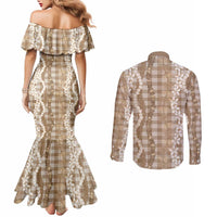 Hawaiian Ohia Lehua Lei Couples Matching Mermaid Dress and Long Sleeve Button Shirt Plaid Palaka Kalaihaahaa Pattern - Polynesian Pride