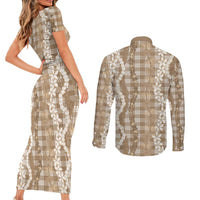 Hawaiian Ohia Lehua Lei Couples Matching Short Sleeve Bodycon Dress and Long Sleeve Button Shirt Plaid Palaka Kalaihaahaa Pattern - Polynesian Pride