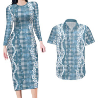 Hawaiian Ohia Lehua Lei Couples Matching Long Sleeve Bodycon Dress and Hawaiian Shirt Plaid Palaka Uliuli Omaomao Pattern - Polynesian Pride