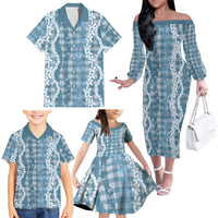 Hawaiian Ohia Lehua Lei Family Matching Off The Shoulder Long Sleeve Dress and Hawaiian Shirt Plaid Palaka Uliuli Omaomao Pattern LT9 - Polynesian Pride