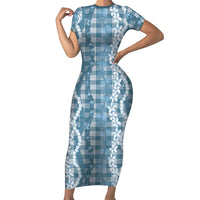 Hawaiian Ohia Lehua Lei Short Sleeve Bodycon Dress Plaid Palaka Uliuli Omaomao Pattern - Polynesian Pride