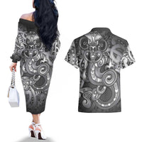 Aotearoa Maori Hei Tiki Couples Matching Off The Shoulder Long Sleeve Dress and Hawaiian Shirt Kiwikiwi Kowhaiwhai Puhoro Motif LT9 - Polynesian Pride