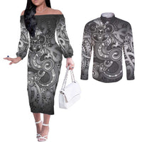 Aotearoa Maori Hei Tiki Couples Matching Off The Shoulder Long Sleeve Dress and Long Sleeve Button Shirt Kiwikiwi Kowhaiwhai Puhoro Motif LT9 Grey - Polynesian Pride