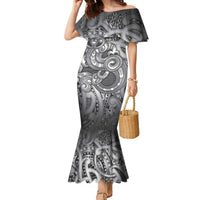 Aotearoa Maori Hei Tiki Family Matching Mermaid Dress and Hawaiian Shirt Kiwikiwi Kowhaiwhai Puhoro Motif LT9 Mom's Dress Grey - Polynesian Pride