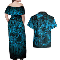 Aotearoa Maori Hei Tiki Couples Matching Off Shoulder Maxi Dress and Hawaiian Shirt Kikorangi Kowhaiwhai Puhoro Motif LT9 - Polynesian Pride