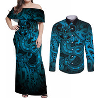 Aotearoa Maori Hei Tiki Couples Matching Off Shoulder Maxi Dress and Long Sleeve Button Shirt Kikorangi Kowhaiwhai Puhoro Motif LT9 Blue - Polynesian Pride