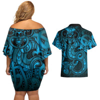 Aotearoa Maori Hei Tiki Couples Matching Off Shoulder Short Dress and Hawaiian Shirt Kikorangi Kowhaiwhai Puhoro Motif LT9 - Polynesian Pride