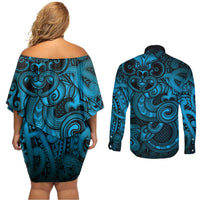 Aotearoa Maori Hei Tiki Couples Matching Off Shoulder Short Dress and Long Sleeve Button Shirt Kikorangi Kowhaiwhai Puhoro Motif LT9 - Polynesian Pride