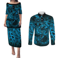 Aotearoa Maori Hei Tiki Couples Matching Puletasi and Long Sleeve Button Shirt Kikorangi Kowhaiwhai Puhoro Motif LT9 Blue - Polynesian Pride