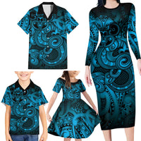 Aotearoa Maori Hei Tiki Family Matching Long Sleeve Bodycon Dress and Hawaiian Shirt Kikorangi Kowhaiwhai Puhoro Motif LT9 - Polynesian Pride