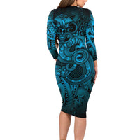 Aotearoa Maori Hei Tiki Long Sleeve Bodycon Dress Kikorangi Kowhaiwhai Puhoro Motif LT9 - Polynesian Pride