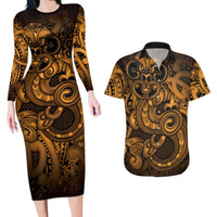 Aotearoa Maori Hei Tiki Couples Matching Long Sleeve Bodycon Dress and Hawaiian Shirt Koura Kowhaiwhai Puhoro Motif LT9 Gold - Polynesian Pride