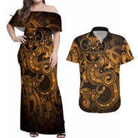Aotearoa Maori Hei Tiki Couples Matching Off Shoulder Maxi Dress and Hawaiian Shirt Koura Kowhaiwhai Puhoro Motif LT9 Gold - Polynesian Pride