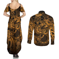 Aotearoa Maori Hei Tiki Couples Matching Summer Maxi Dress and Long Sleeve Button Shirt Koura Kowhaiwhai Puhoro Motif LT9 - Polynesian Pride