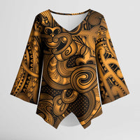Aotearoa Maori Hei Tiki Kimono Sleeve Blouse Koura Kowhaiwhai Puhoro Motif LT9 Female Gold - Polynesian Pride