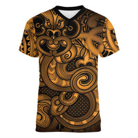 Aotearoa Maori Hei Tiki Women V-Neck T-Shirt Koura Kowhaiwhai Puhoro Motif LT9 Female Gold - Polynesian Pride