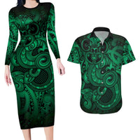 Aotearoa Maori Hei Tiki Couples Matching Long Sleeve Bodycon Dress and Hawaiian Shirt Kakariki Kowhaiwhai Puhoro Motif LT9 Green - Polynesian Pride