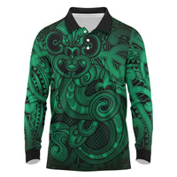Aotearoa Maori Hei Tiki Long Sleeve Polo Shirt Kakariki Kowhaiwhai Puhoro Motif LT9 Green - Polynesian Pride