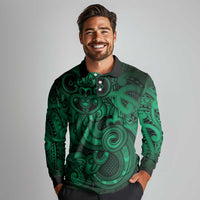 Aotearoa Maori Hei Tiki Long Sleeve Polo Shirt Kakariki Kowhaiwhai Puhoro Motif LT9 - Polynesian Pride