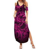 Aotearoa Maori Hei Tiki Family Matching Summer Maxi Dress and Hawaiian Shirt Mawhero Kowhaiwhai Puhoro Motif LT9 Mom's Dress Pink - Polynesian Pride