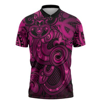 Aotearoa Maori Hei Tiki Zipper Polo Shirt Mawhero Kowhaiwhai Puhoro Motif LT9 Pink - Polynesian Pride
