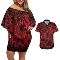 Aotearoa Maori Hei Tiki Couples Matching Off Shoulder Short Dress and Hawaiian Shirt Whero Kowhaiwhai Puhoro Motif LT9 Red - Polynesian Pride