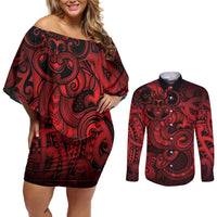 Aotearoa Maori Hei Tiki Couples Matching Off Shoulder Short Dress and Long Sleeve Button Shirt Whero Kowhaiwhai Puhoro Motif LT9 Red - Polynesian Pride