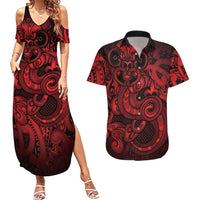 Aotearoa Maori Hei Tiki Couples Matching Summer Maxi Dress and Hawaiian Shirt Whero Kowhaiwhai Puhoro Motif LT9 Red - Polynesian Pride