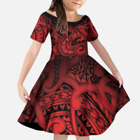 Aotearoa Maori Hei Tiki Family Matching Off The Shoulder Long Sleeve Dress and Hawaiian Shirt Whero Kowhaiwhai Puhoro Motif LT9 Daughter's Dress Red - Polynesian Pride