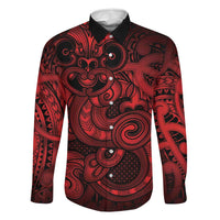 Aotearoa Maori Hei Tiki Family Matching Off The Shoulder Long Sleeve Dress and Hawaiian Shirt Whero Kowhaiwhai Puhoro Motif LT9 Dad's Shirt - Long Sleeve Red - Polynesian Pride