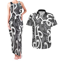 Aotearoa Maori Kowhaiwhai Couples Matching Tank Maxi Dress and Hawaiian Shirt Kiwikiwi Puhoro and Patiki LT9 Grey - Polynesian Pride