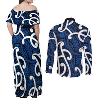 Aotearoa Maori Kowhaiwhai Couples Matching Off Shoulder Maxi Dress and Long Sleeve Button Shirt Kikorangi Puhoro and Patiki LT9 - Polynesian Pride