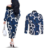 Aotearoa Maori Kowhaiwhai Couples Matching Off The Shoulder Long Sleeve Dress and Long Sleeve Button Shirt Kikorangi Puhoro and Patiki LT9 - Polynesian Pride