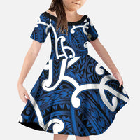 Aotearoa Maori Kowhaiwhai Family Matching Off Shoulder Maxi Dress and Hawaiian Shirt Kikorangi Puhoro and Patiki LT9 Daughter's Dress Blue - Polynesian Pride